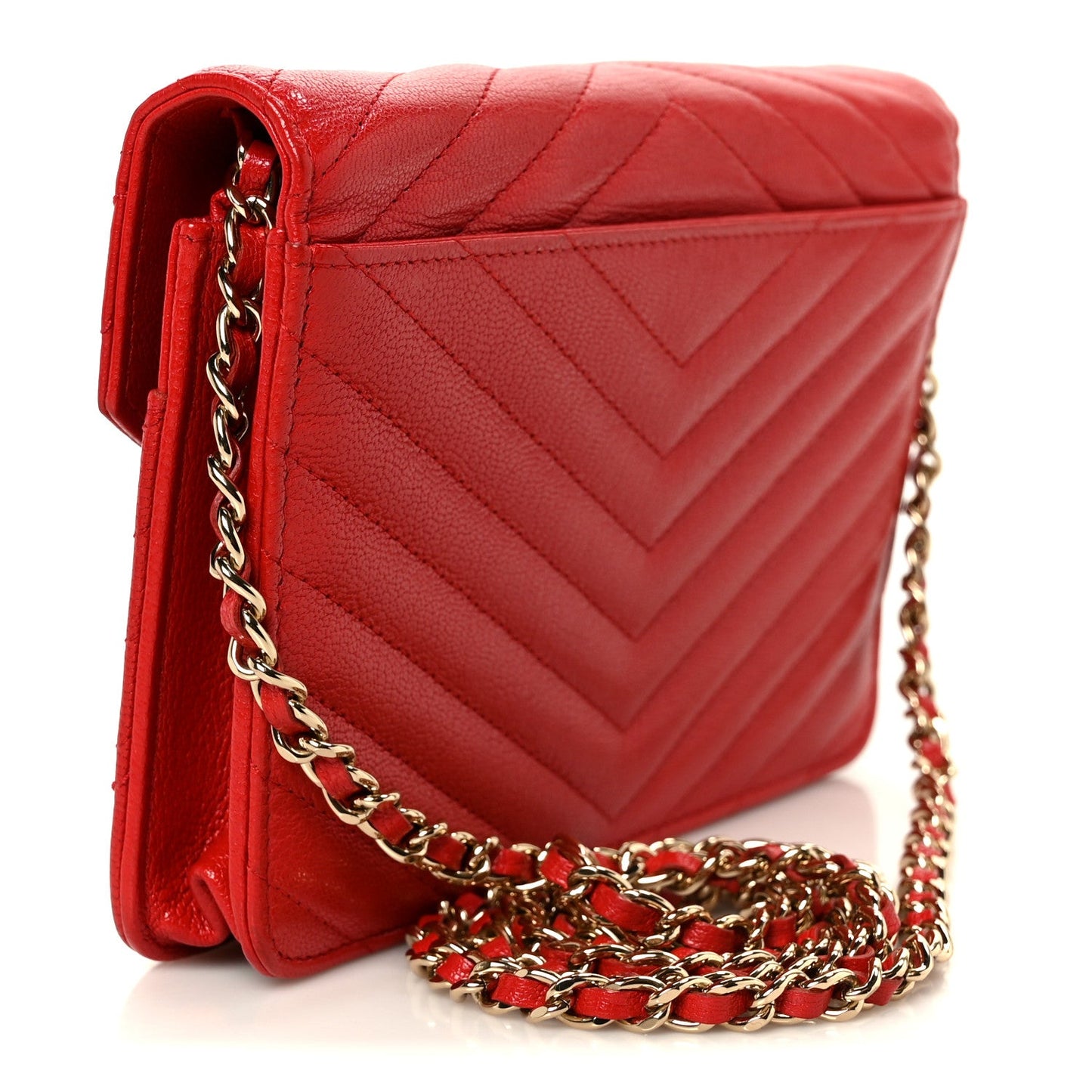 Goatskin Chevron Quilted Statement Wallet On Chain WOC Red