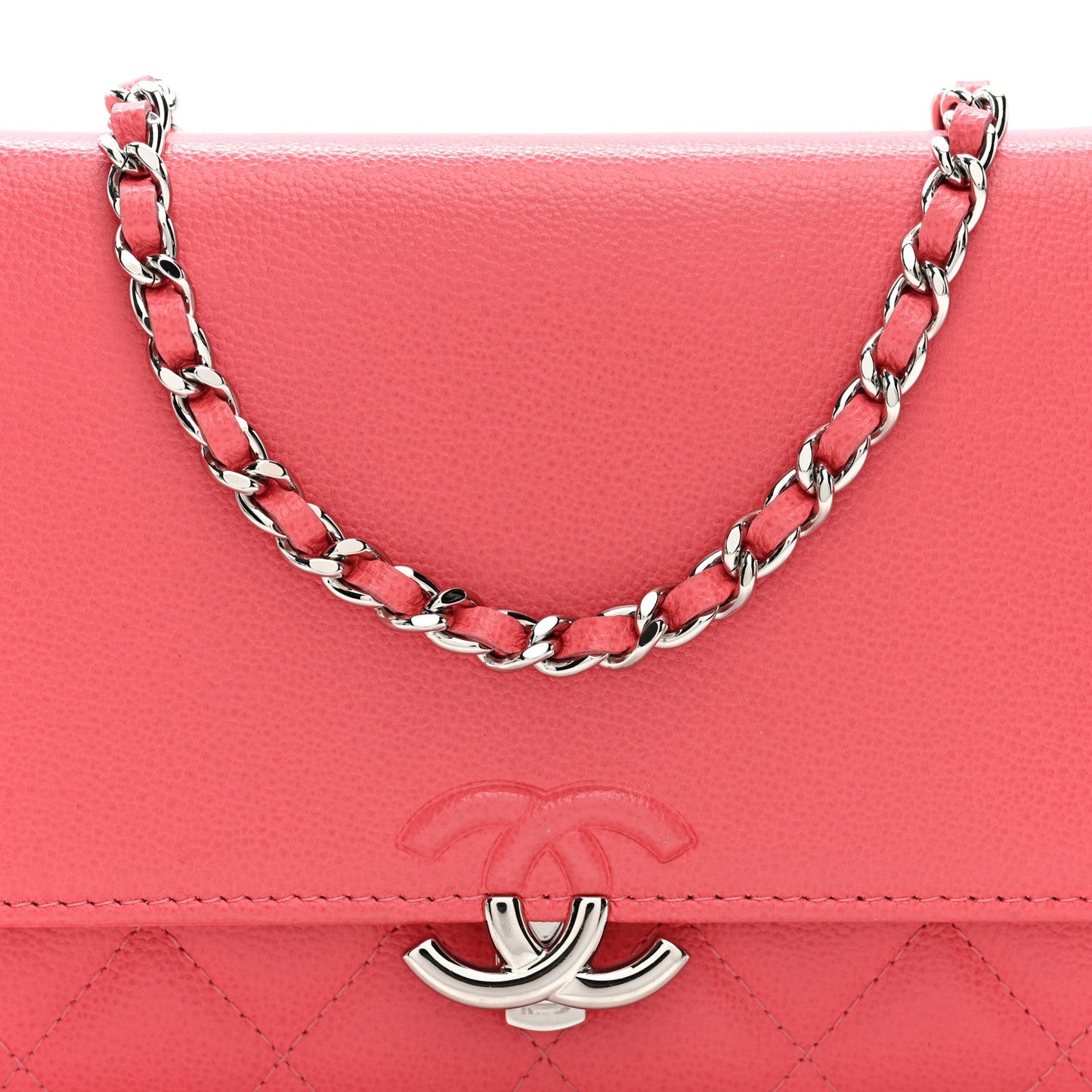 Grained Calfskin Quilted CC Box Wallet On Chain WOC Pink
