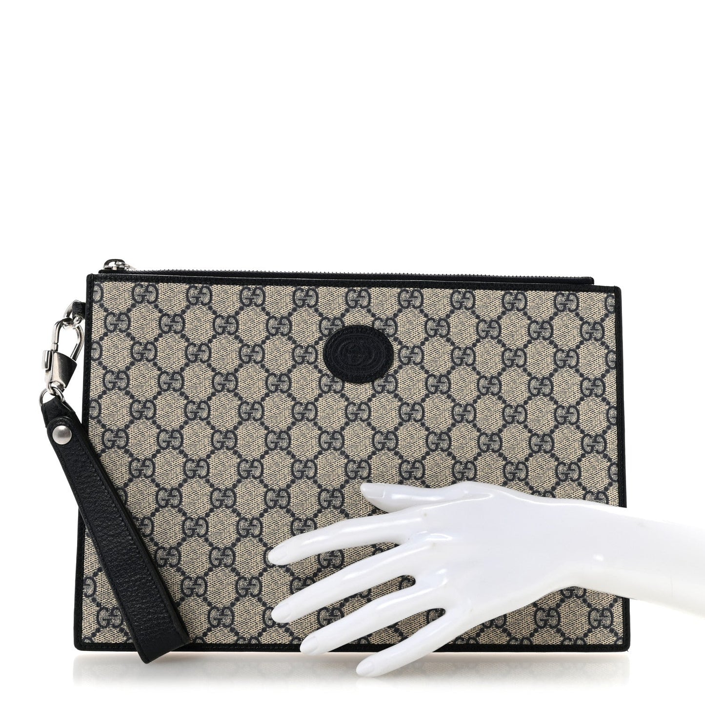 GG Supreme Monogram Textured Dollar Calfskin Retro Interlocking G Wristlet Pouch Beige Blue