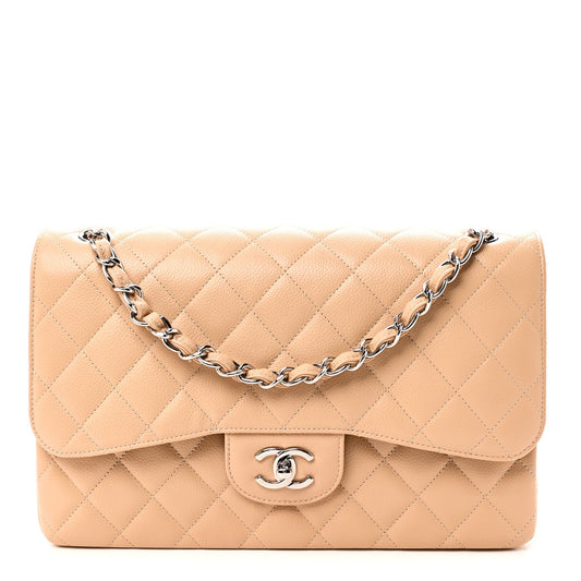 Caviar Quilted Jumbo Double Flap Beige