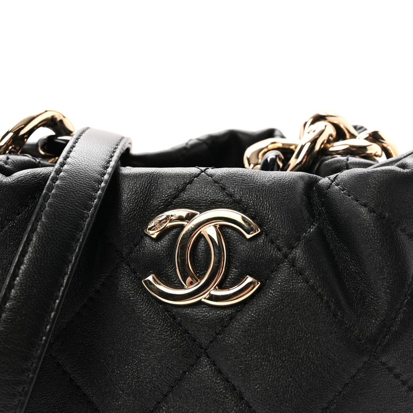 Lambskin Quilted Resin Bi-Color Chain Bucket Bag Black