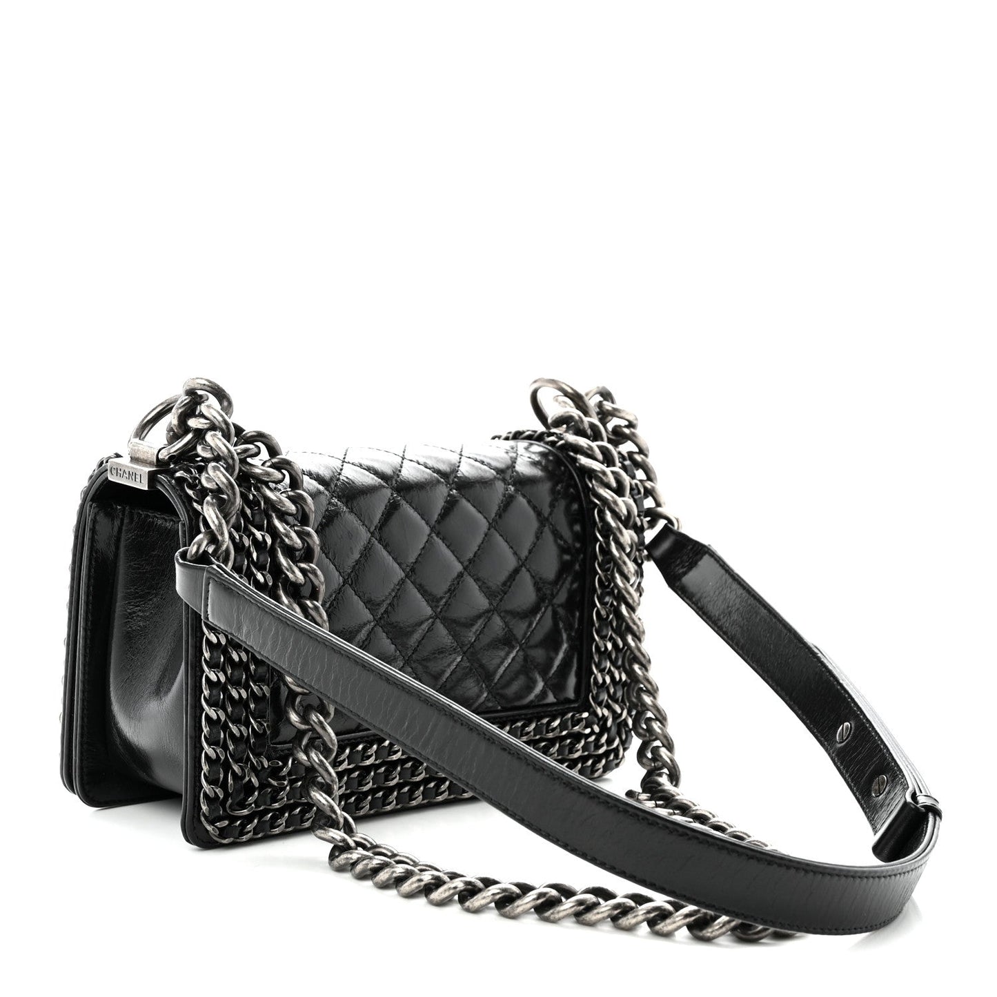 Glazed Calfskin Quilted Small Boy Chained Flap Black