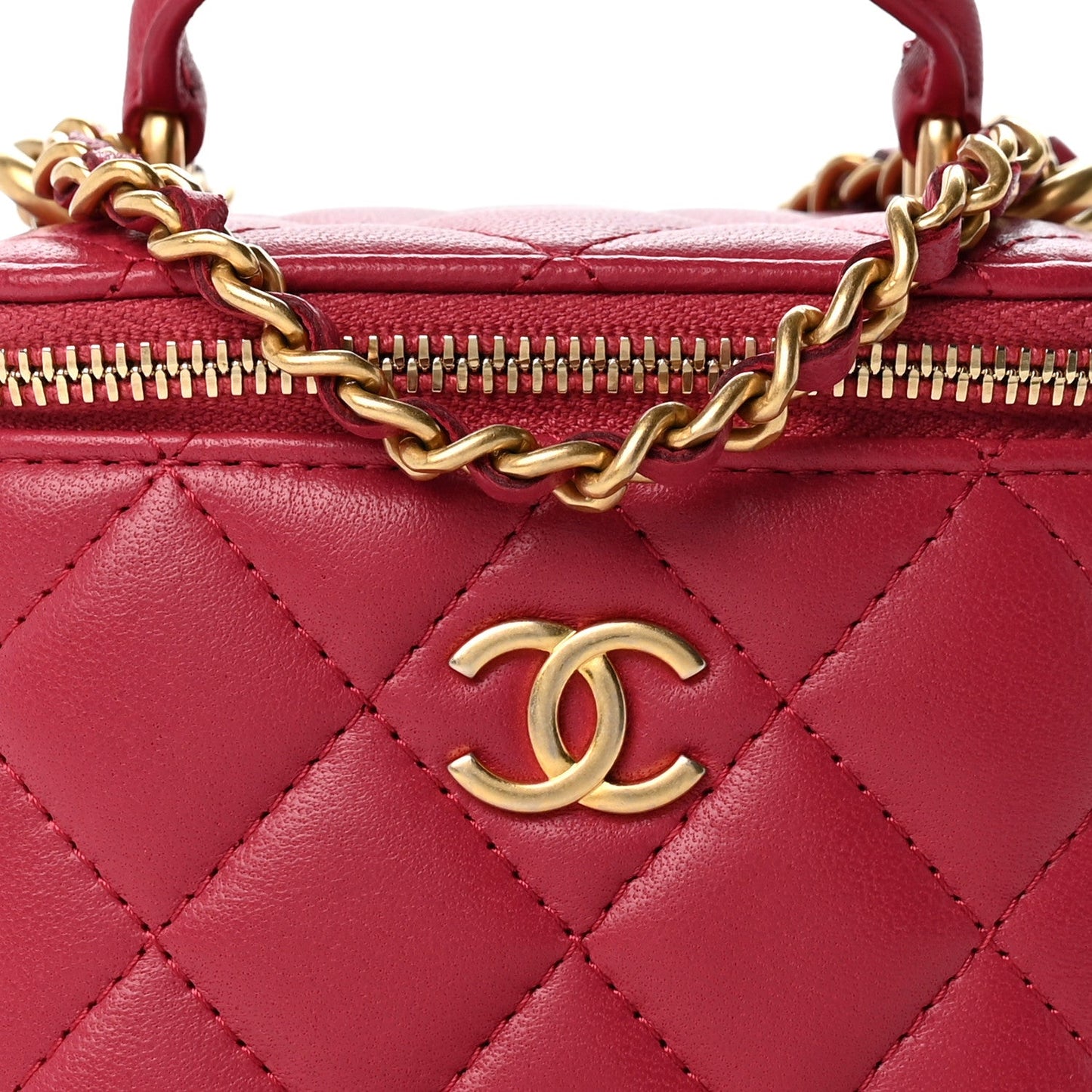 Lambskin Quilted Top Handle Mini Vanity Case With Chain Dark Pink