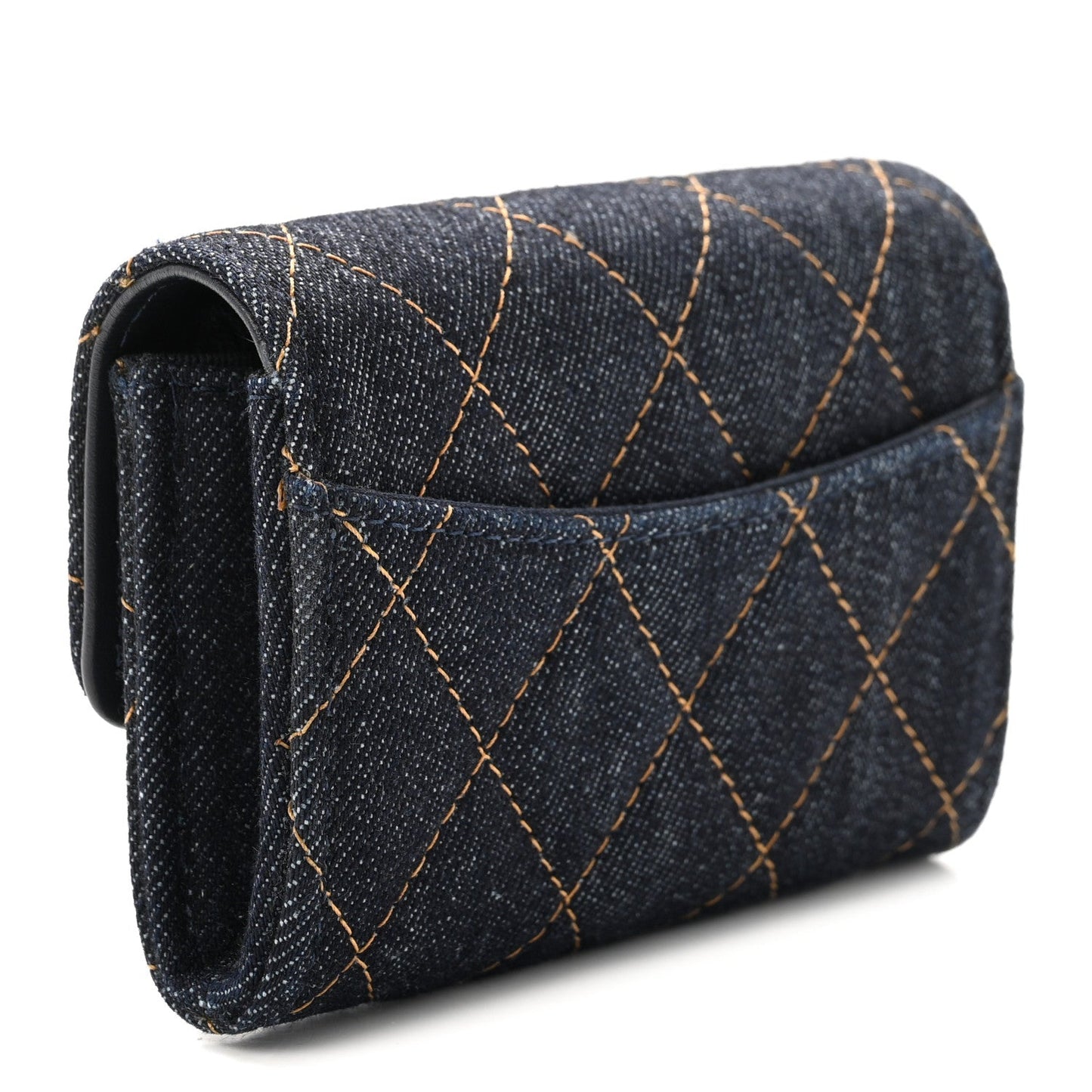 Denim Quilted Flap Card Holder Wallet Dark Blue Orange