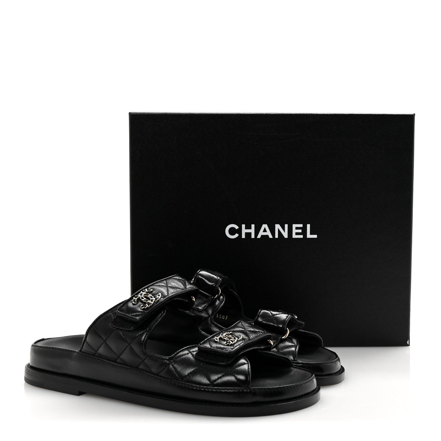 Lambskin Quilted Velcro Dad Chain CC Slide Sandals 38 Black