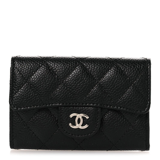Caviar Quilted Flap Card Holder Wallet Black