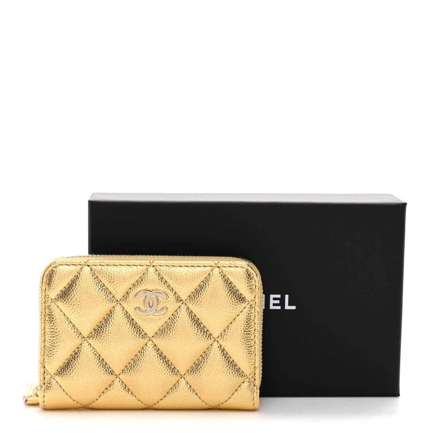 Metallic Caviar Quilted Zip Around Coin Purse Wallet  Gold