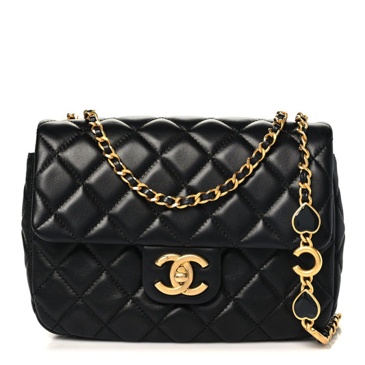 Lambskin Enamel Quilted Small Coco Hearts Square Flap Black