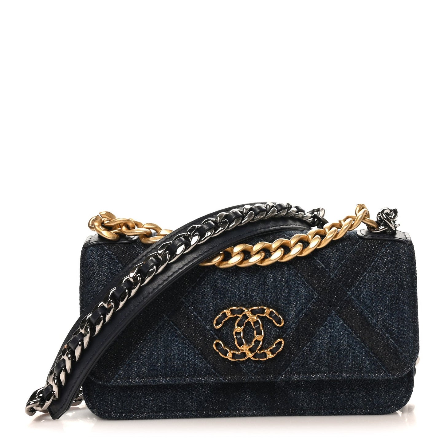Denim Quilted Chanel 19 Flap Phone Holder With Chain Blue