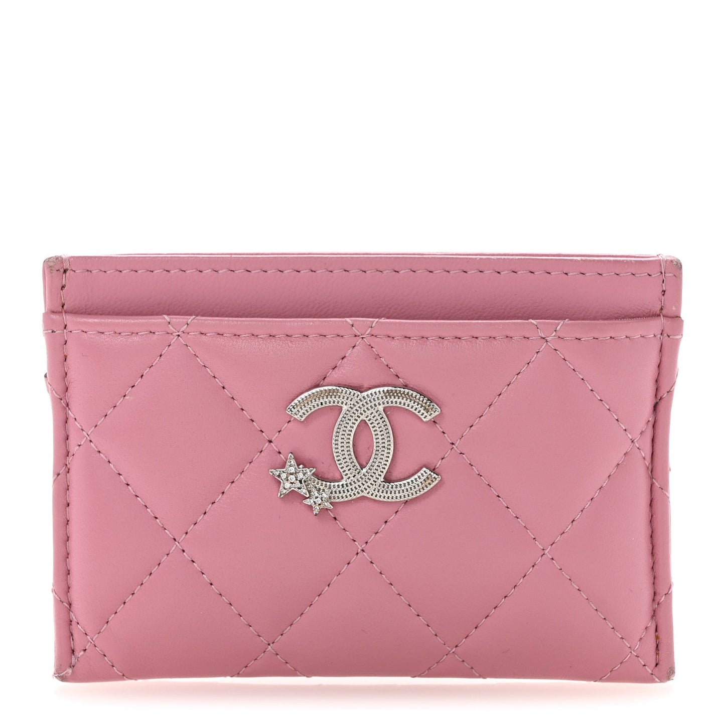 Lambskin Quilted Crystal Star Card Holder Pink