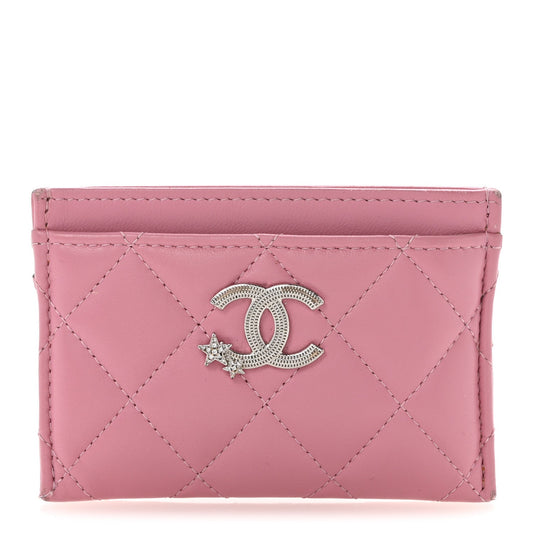Lambskin Quilted Crystal Star Card Holder Pink