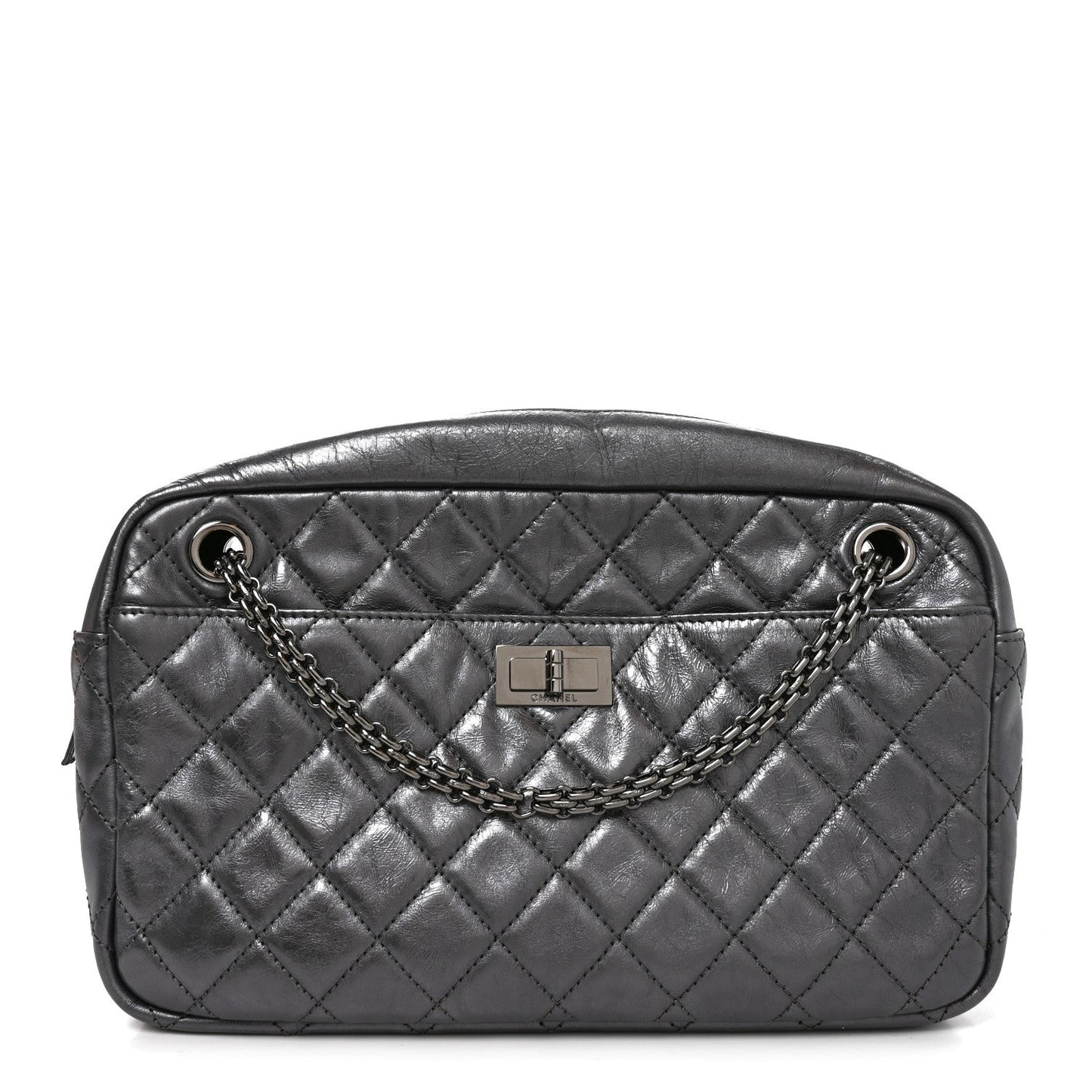 Metallic Aged Calfskin Quilted Medium Reissue Camera Case Dark Silver