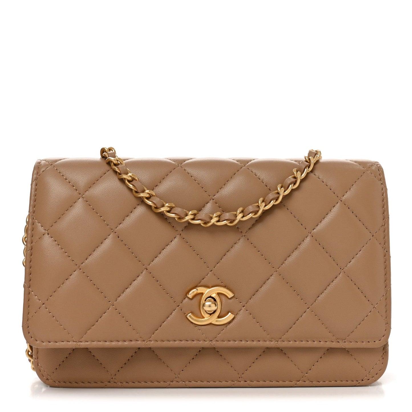 Lambskin Quilted CC Pearl Crush Wallet on Chain WOC Beige