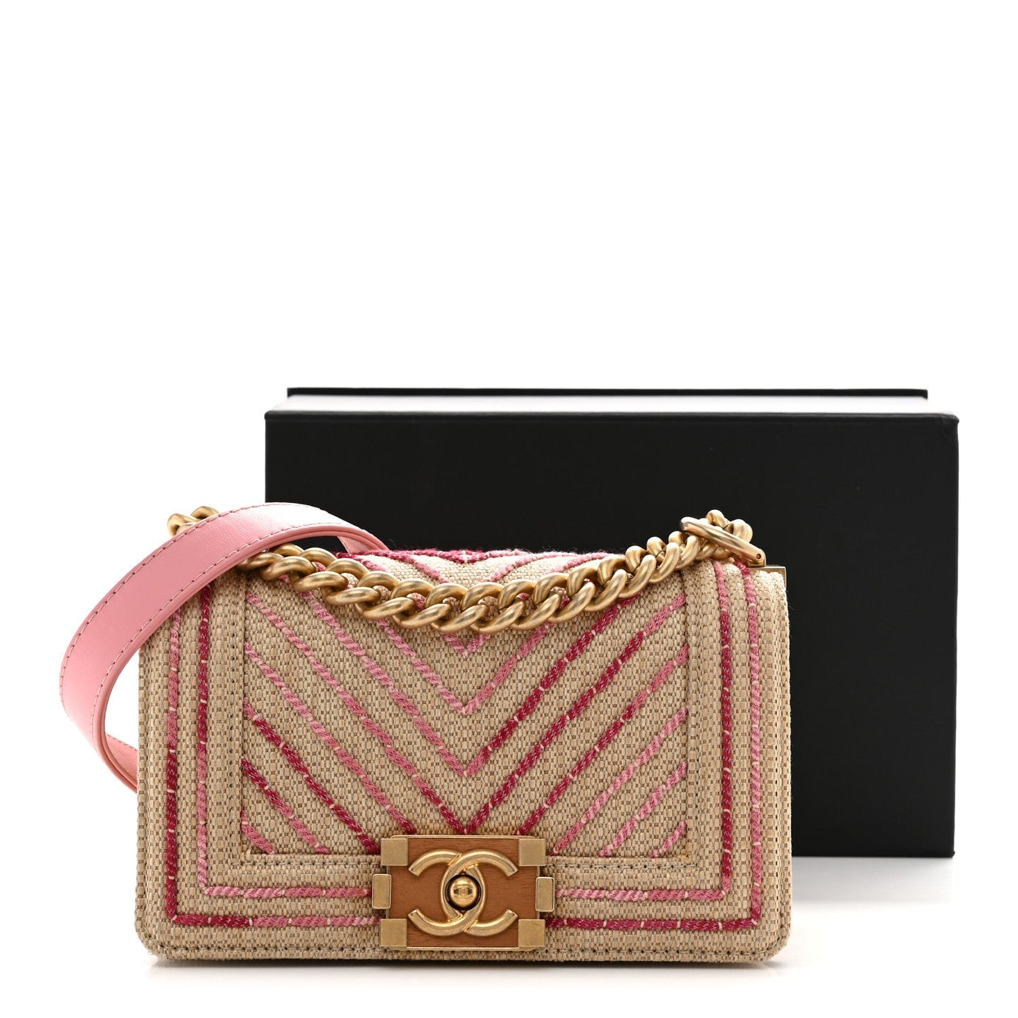 Raffia Chevron Quilted Small Boy Flap Beige Pink