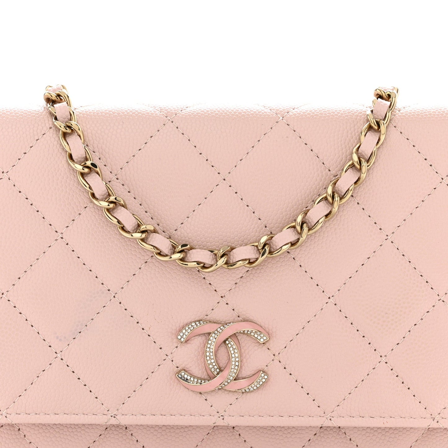 Caviar Quilted Crystal Enamel CC Wallet On Chain WOC Light Pink