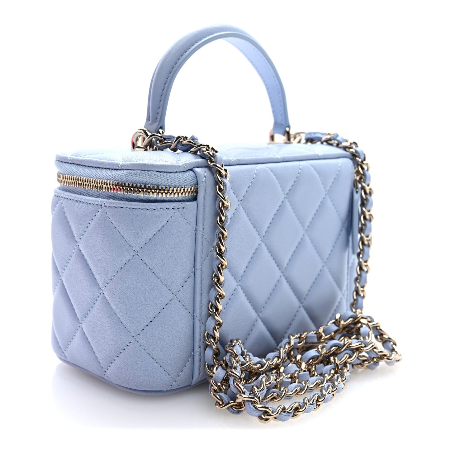 Lambskin Quilted Small Top Handle Vanity Case With Chain Light Blue