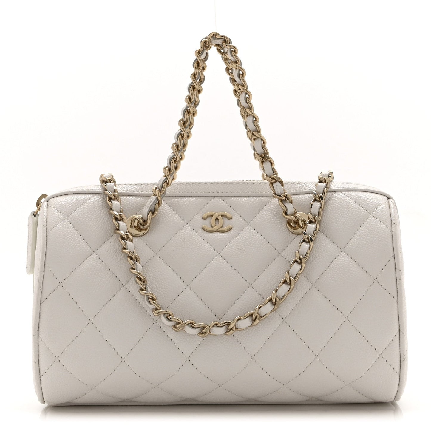 Caviar Quilted Barrel Clutch With Chain White