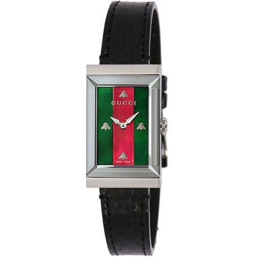 Gucci G-Frame Mother of Pearl Green & Red Dial Black Leather Strap Watch For Women - YA147403