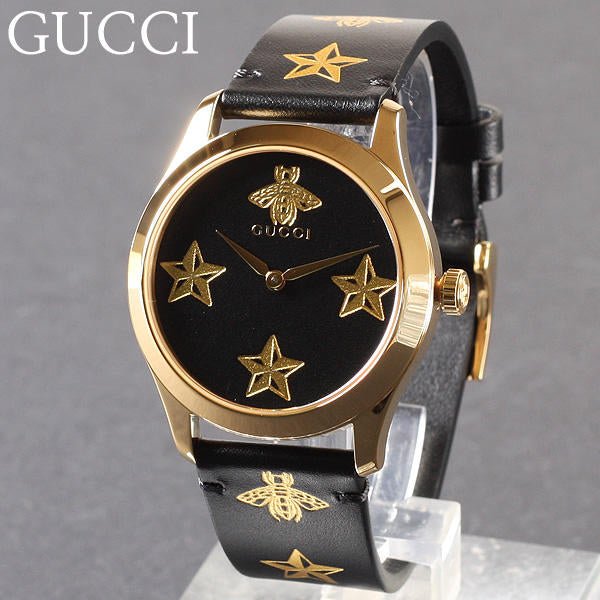 Gucci G Timeless Bee Motif Black Dial Black Leather Strap Watch For Women - YA1264055