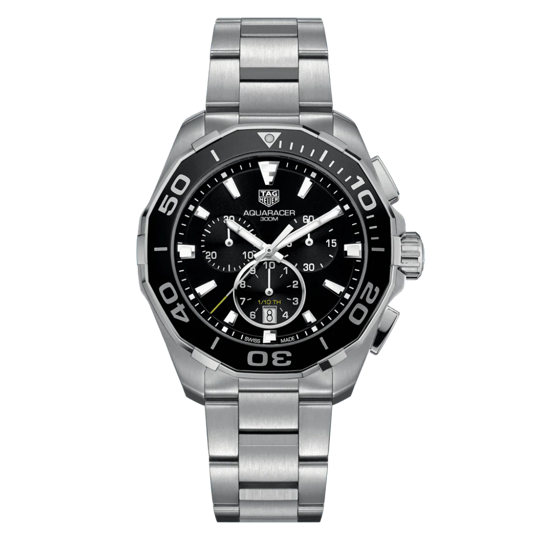 Tag Heuer Aquaracer Quartz Chronograph Black Dial Silver Steel Strap Watch for Men - CAY111A.BA0927