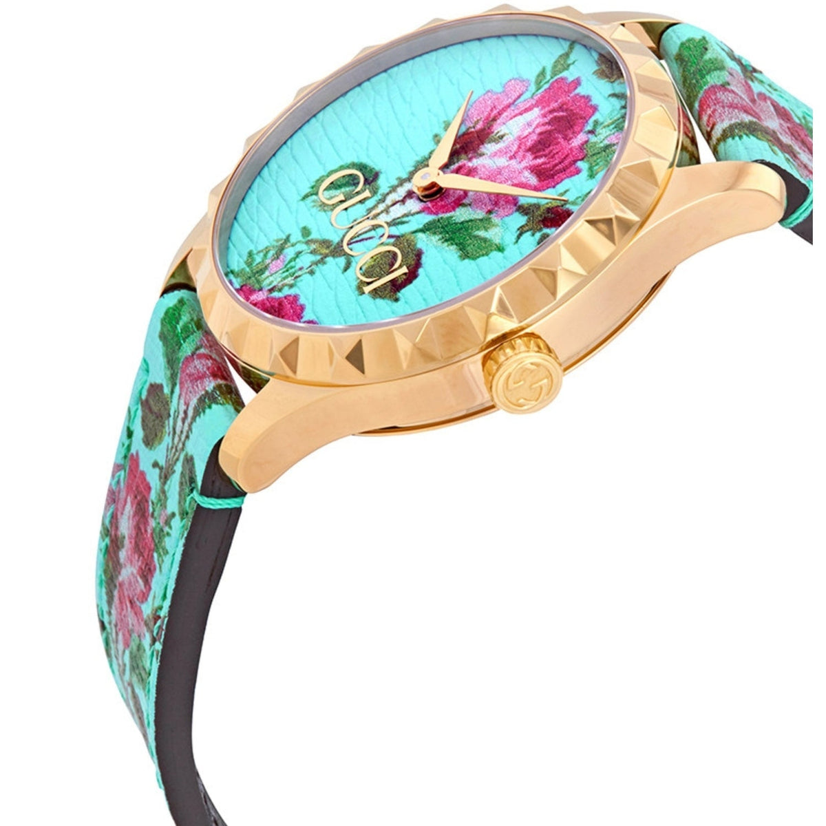 Gucci G Timeless Floral Turquoise Dial Turquoise Leather Strap Watch For Women - YA1264085