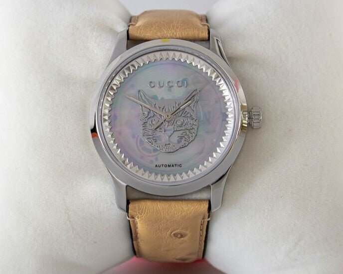 Gucci G Timeless Automatic Mother of Pearl Dial Brown Leather Strap Watch For Women - YA1264112