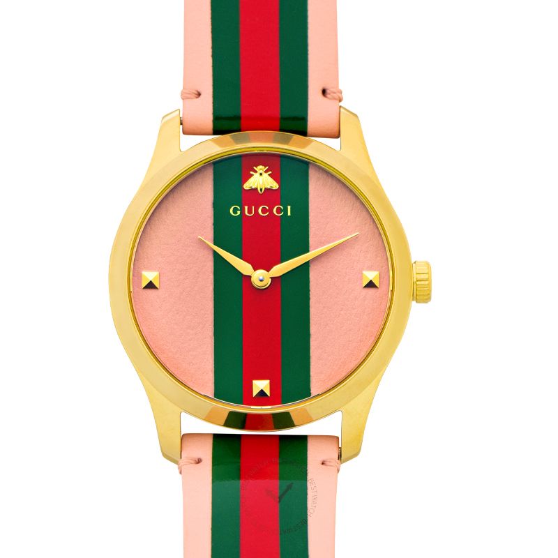 Gucci G Timeless Quartz Pink Dial Three Tone Leather Strap Watch For Women - YA1264118