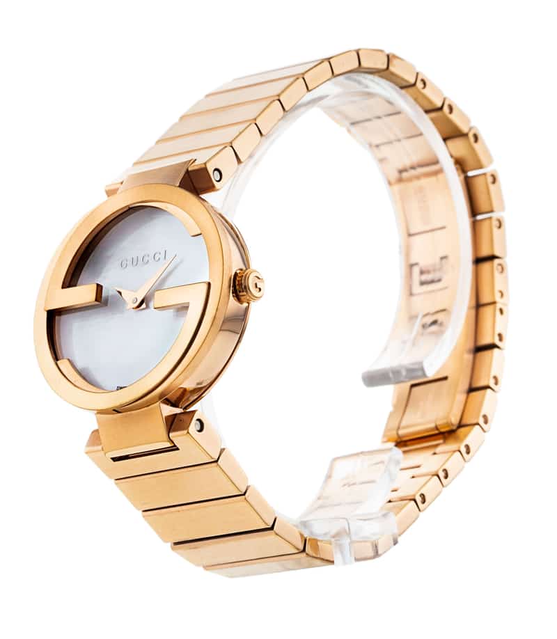 Gucci G Interlocking Mother of Pearl Dial Rose Gold Steel Strap Watch For Women - YA133515