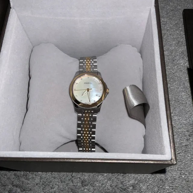 Gucci G Timeless Diamonds Mother of Pearl Dial Two Tone Mesh Bracelet Watch For Women - YA126514