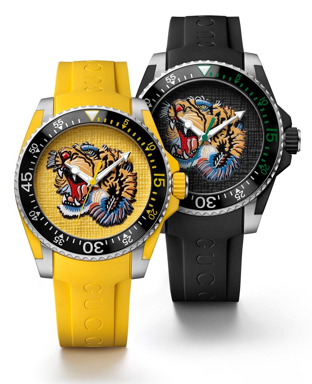 Gucci Dive Tiger Yellow Dial Yellow Rubber Strap Watch For Men - YA136317