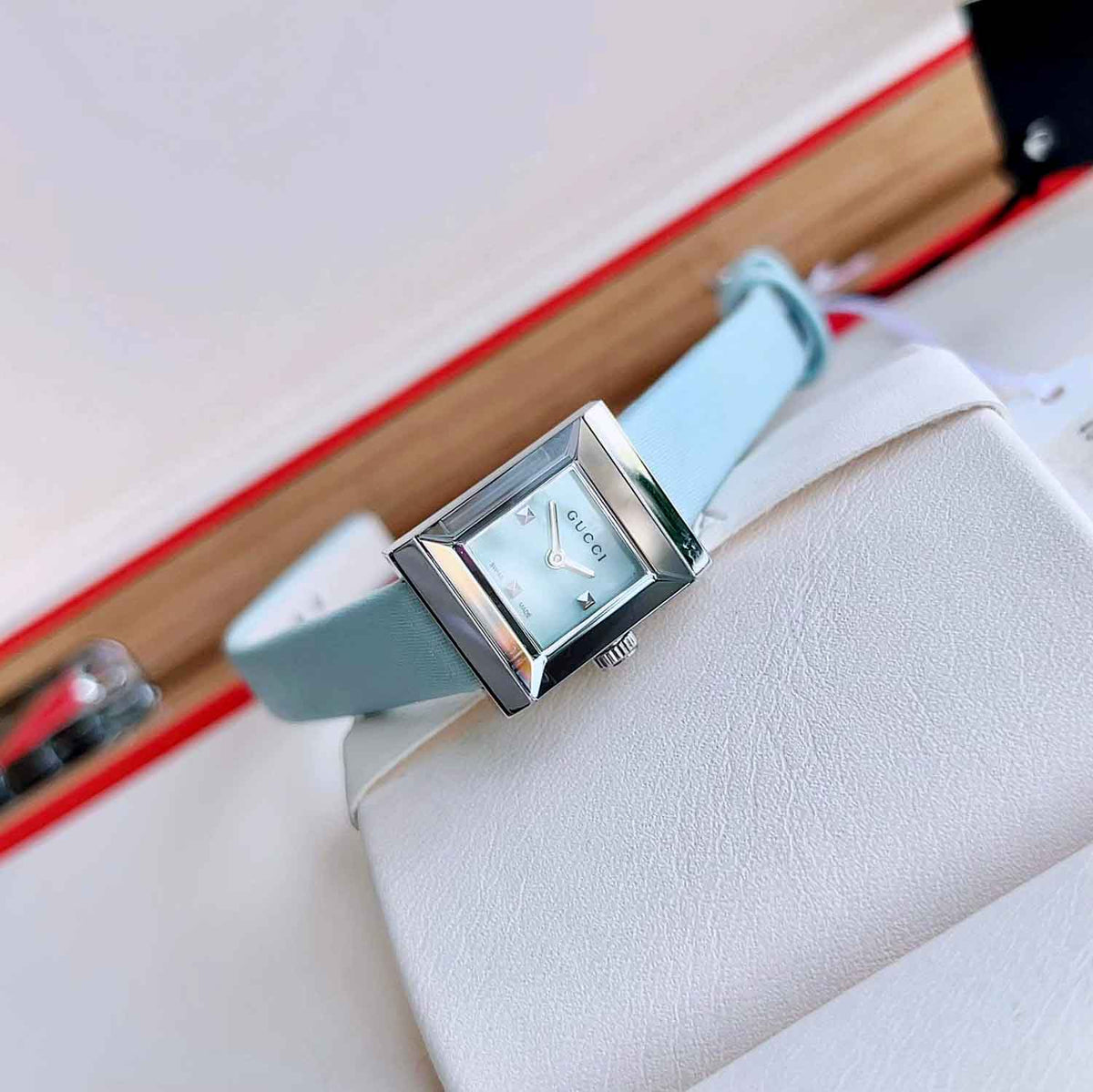 Gucci G-Frame Pastel Blue Mother of Pearl Dial Blue Leather Strap Watch For Women - YA128531