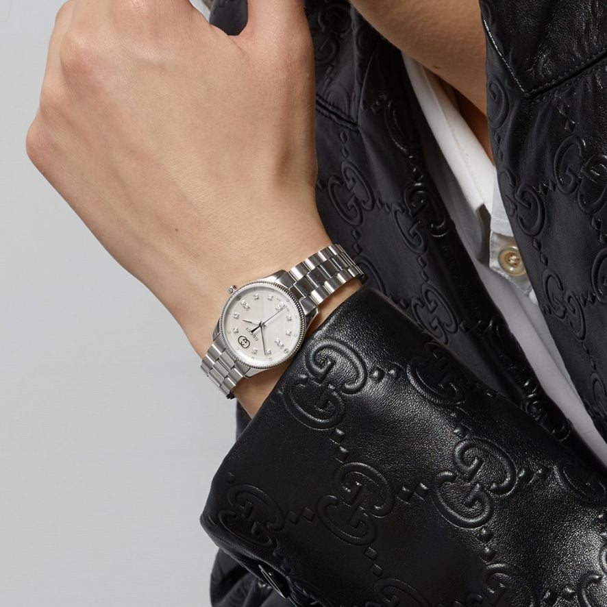 Gucci G Timeless Diamonds White Dial Silver Steel Strap Watch for Women - YA1265064