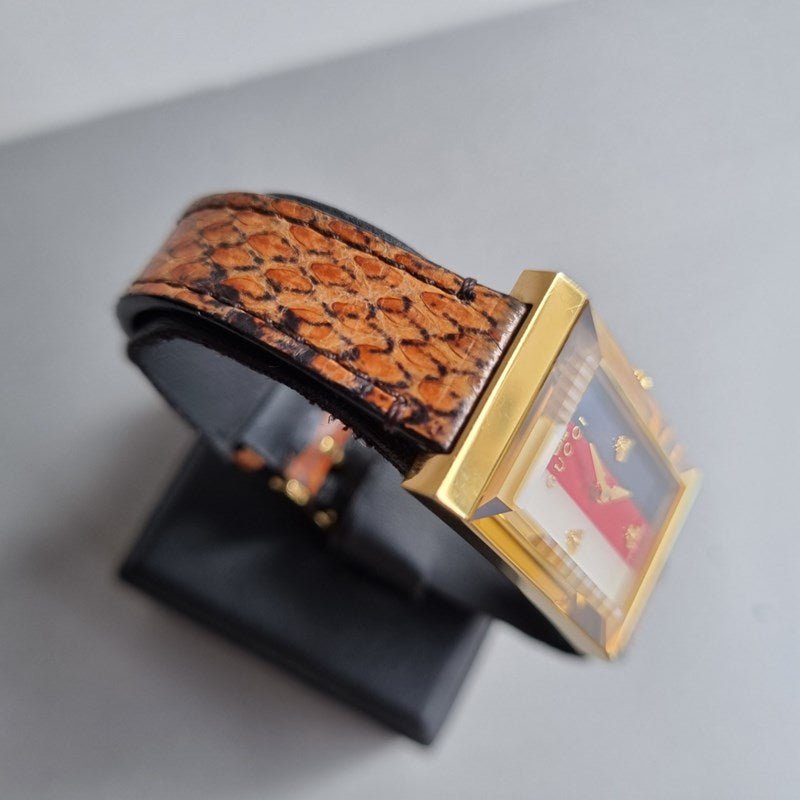 Gucci G-Frame Mother of Pearl Dial Brown Leather Snakeskin Strap Watch For Women - YA147402