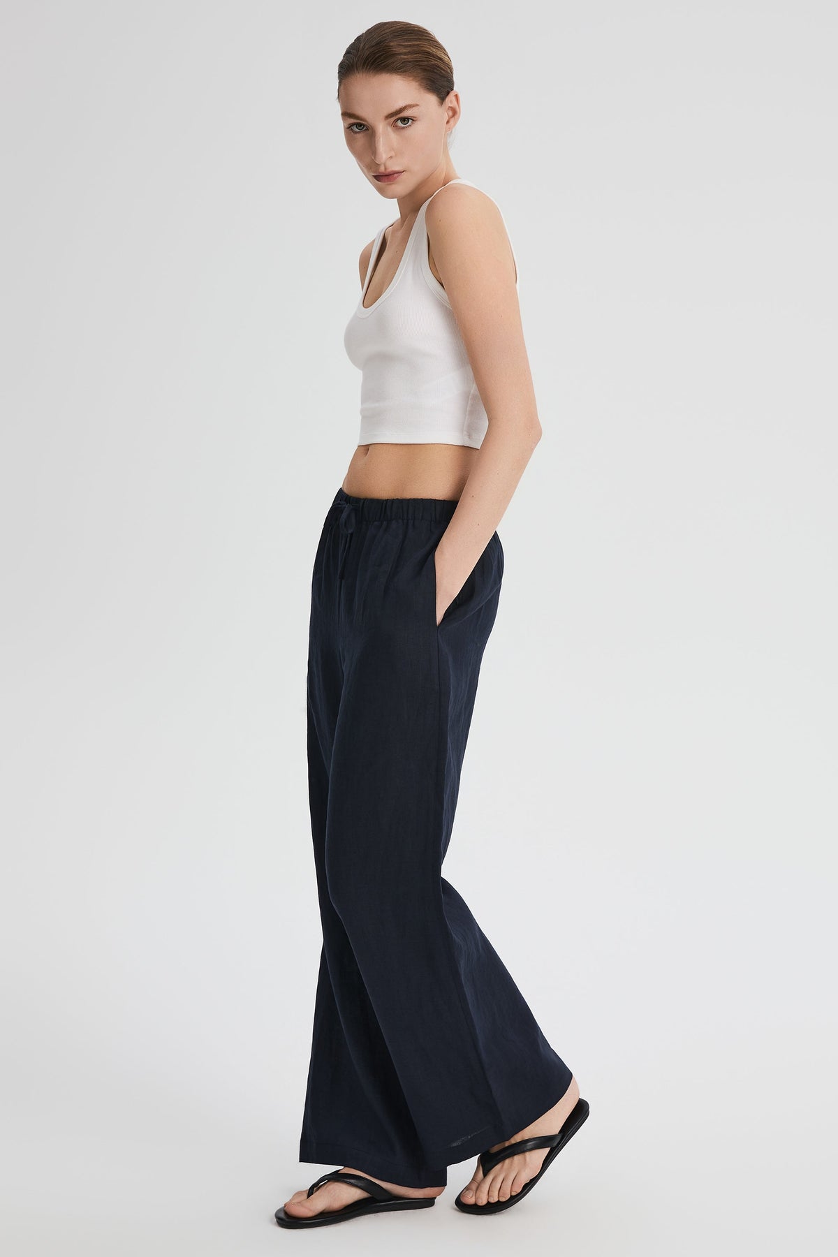 Oversized Linen Wide-Leg Drawstring Pants