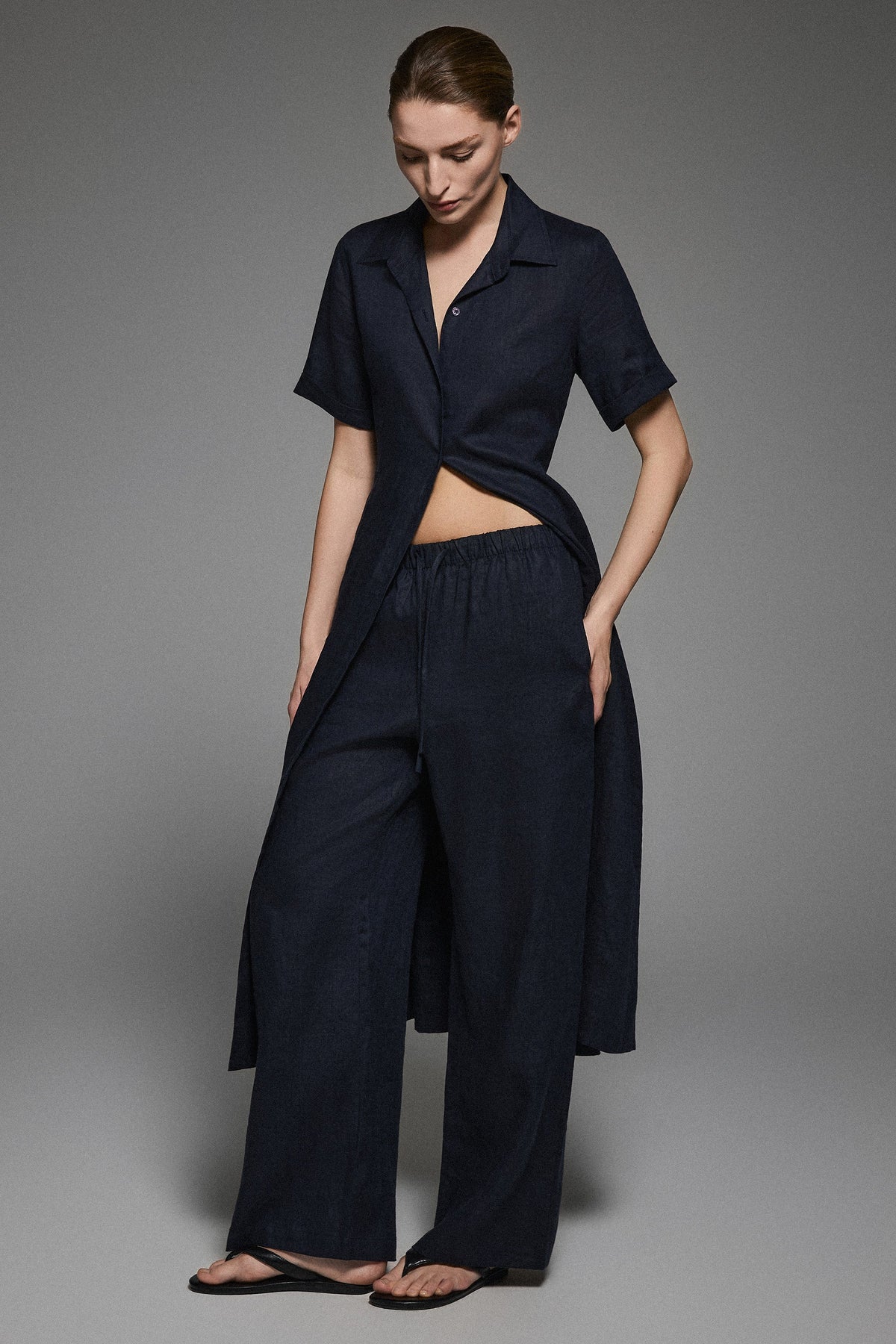 Oversized Linen Wide-Leg Drawstring Pants