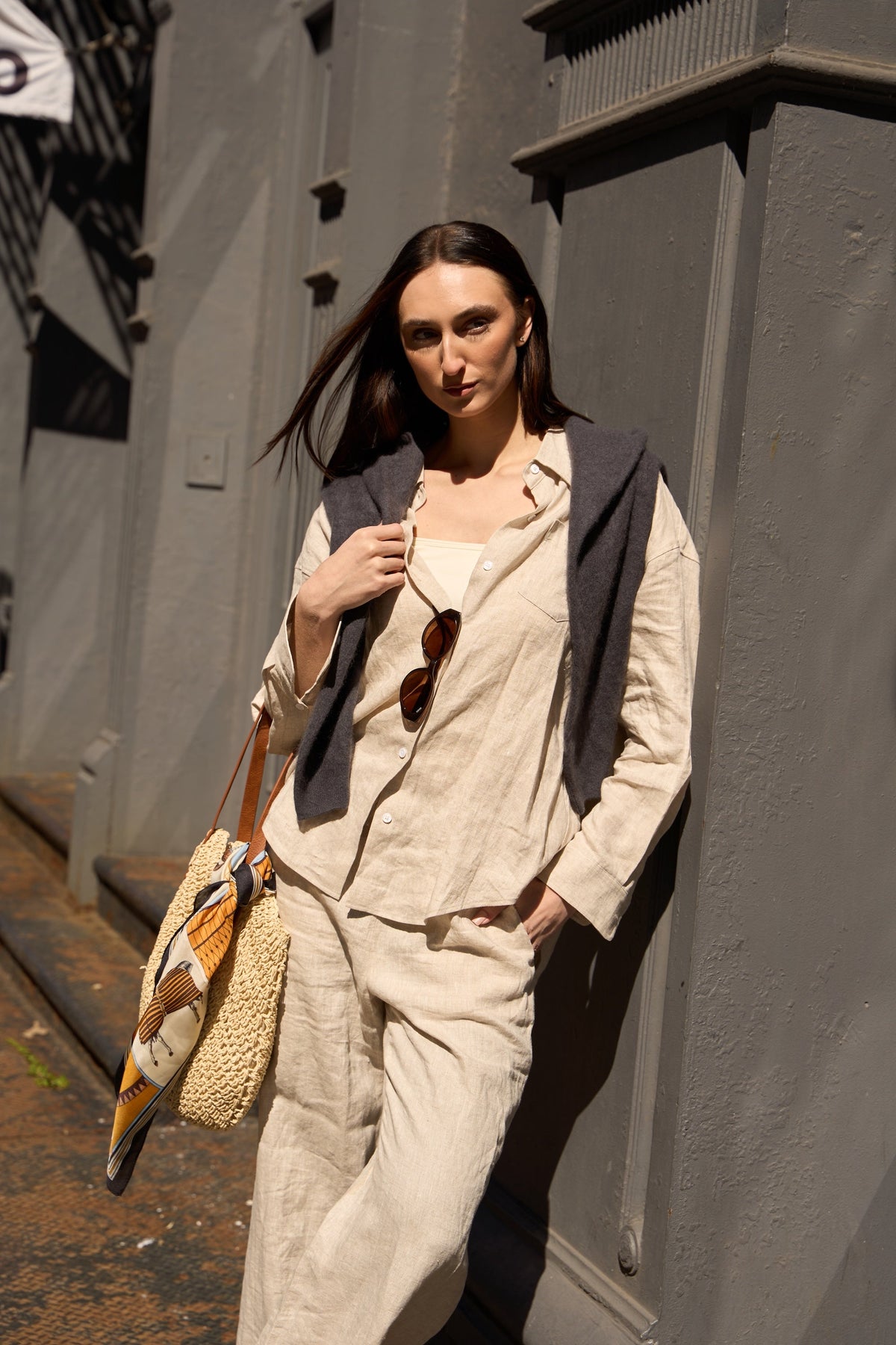 Oversized Linen Wide-Leg Drawstring Pants