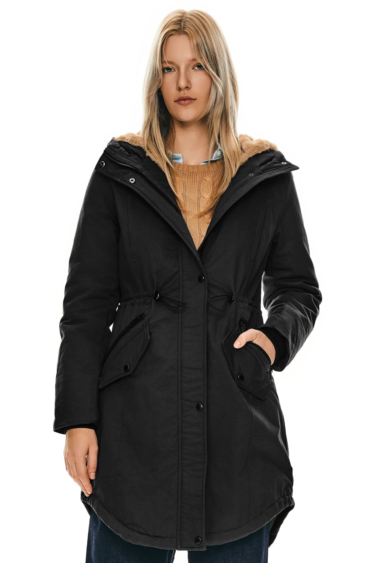 Fleece-Lined Hooded Parka Jacket with Pockets