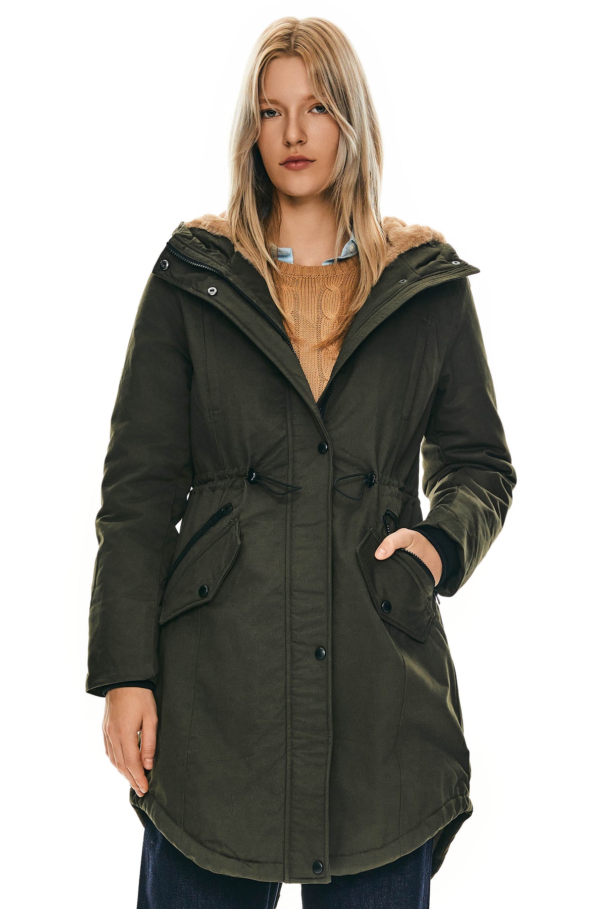 Fleece-Lined Hooded Parka Jacket with Pockets