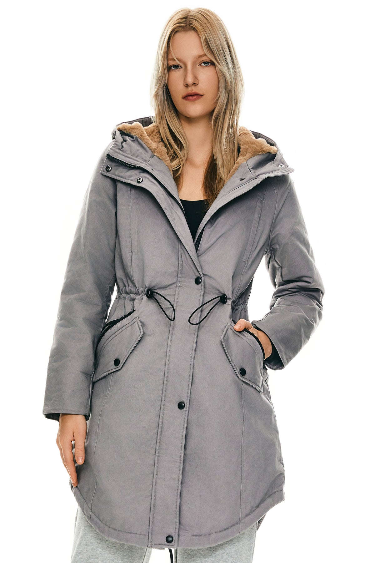 Fleece-Lined Hooded Parka Jacket with Pockets