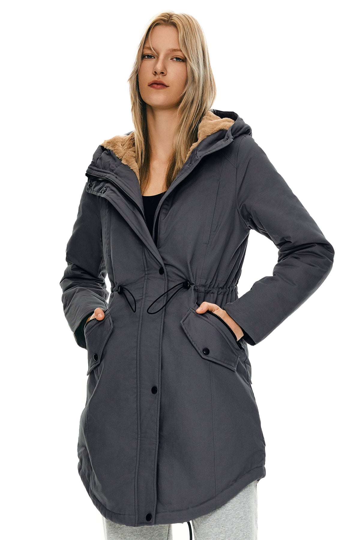 Fleece-Lined Hooded Parka Jacket with Pockets