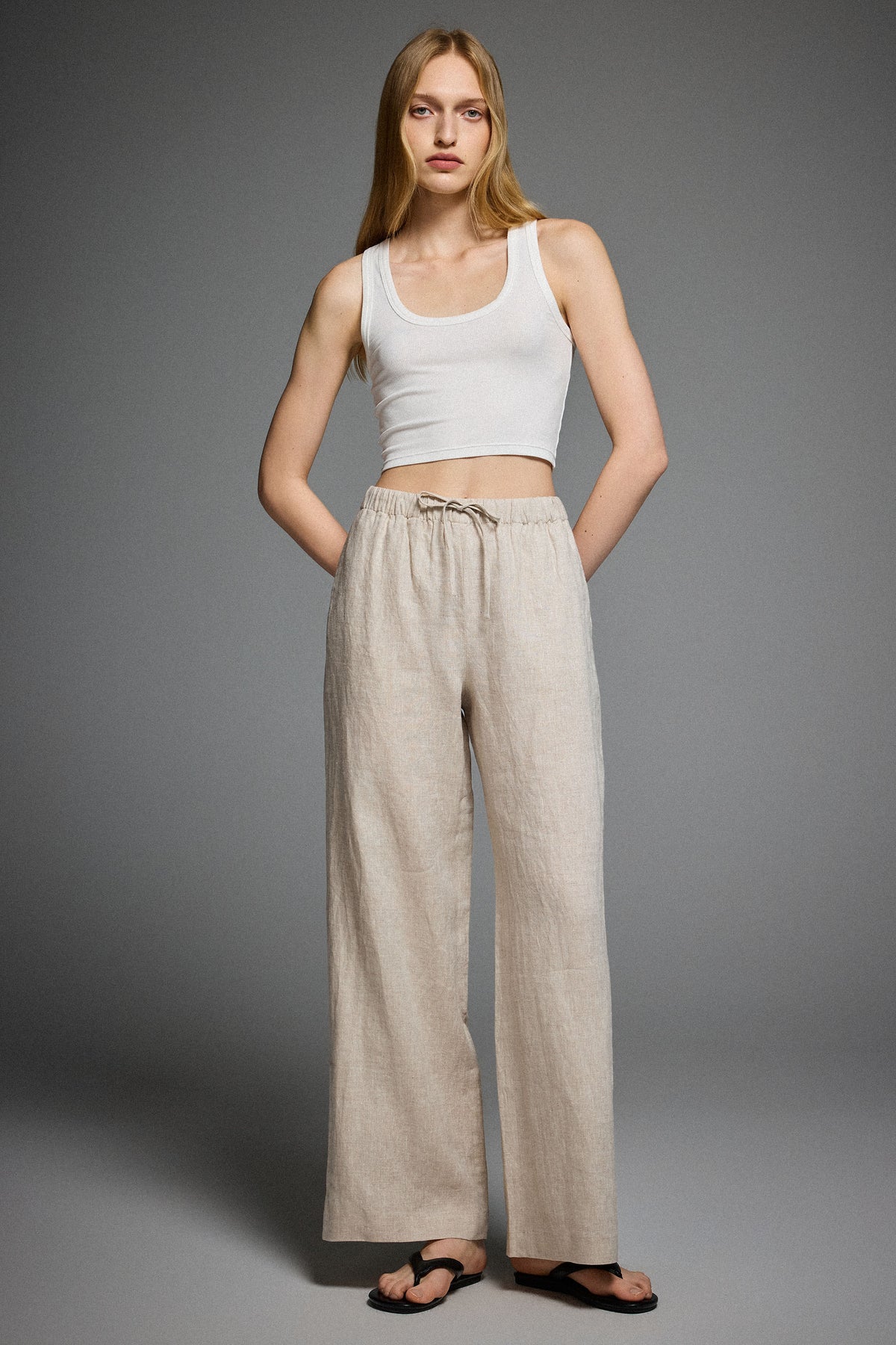 Oversized Linen Wide-Leg Drawstring Pants