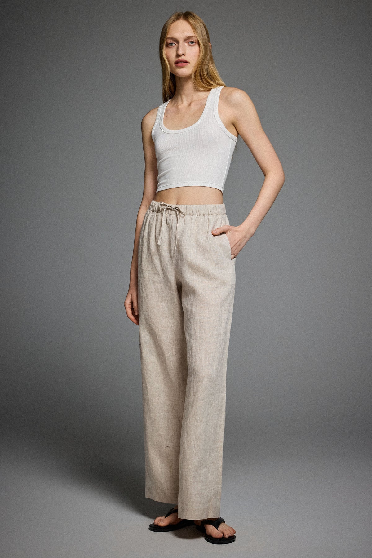 Oversized Linen Wide-Leg Drawstring Pants