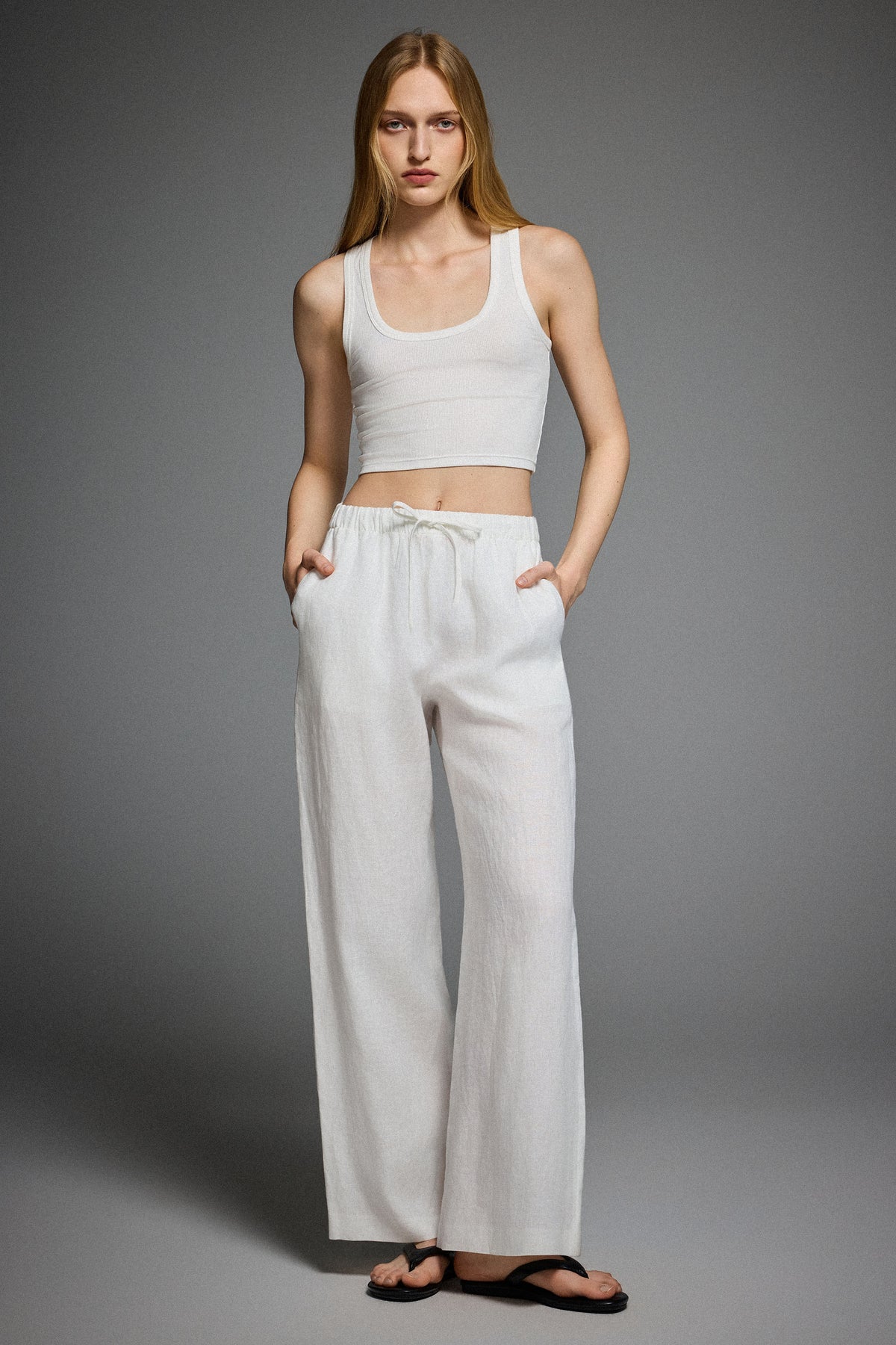 Oversized Linen Wide-Leg Drawstring Pants