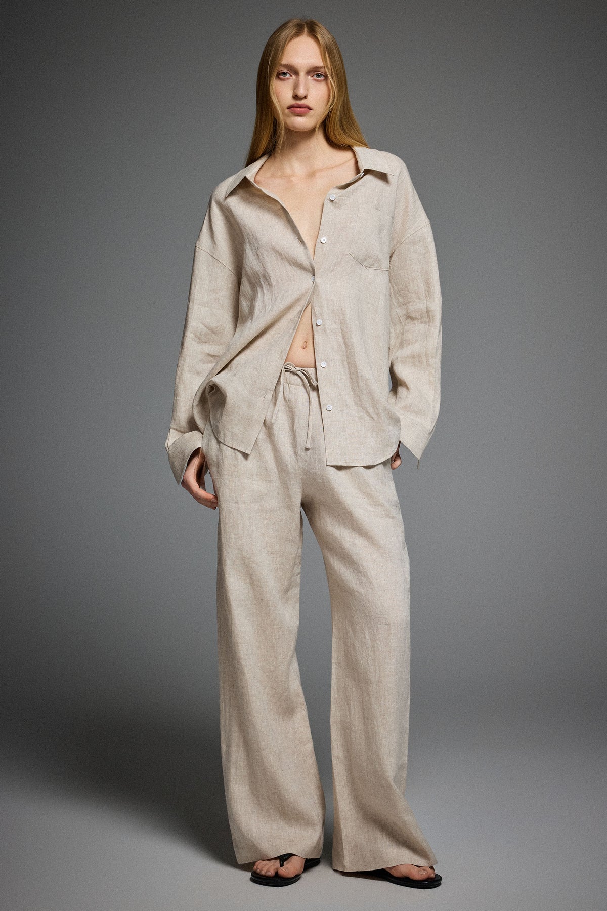 Oversized Linen Wide-Leg Drawstring Pants