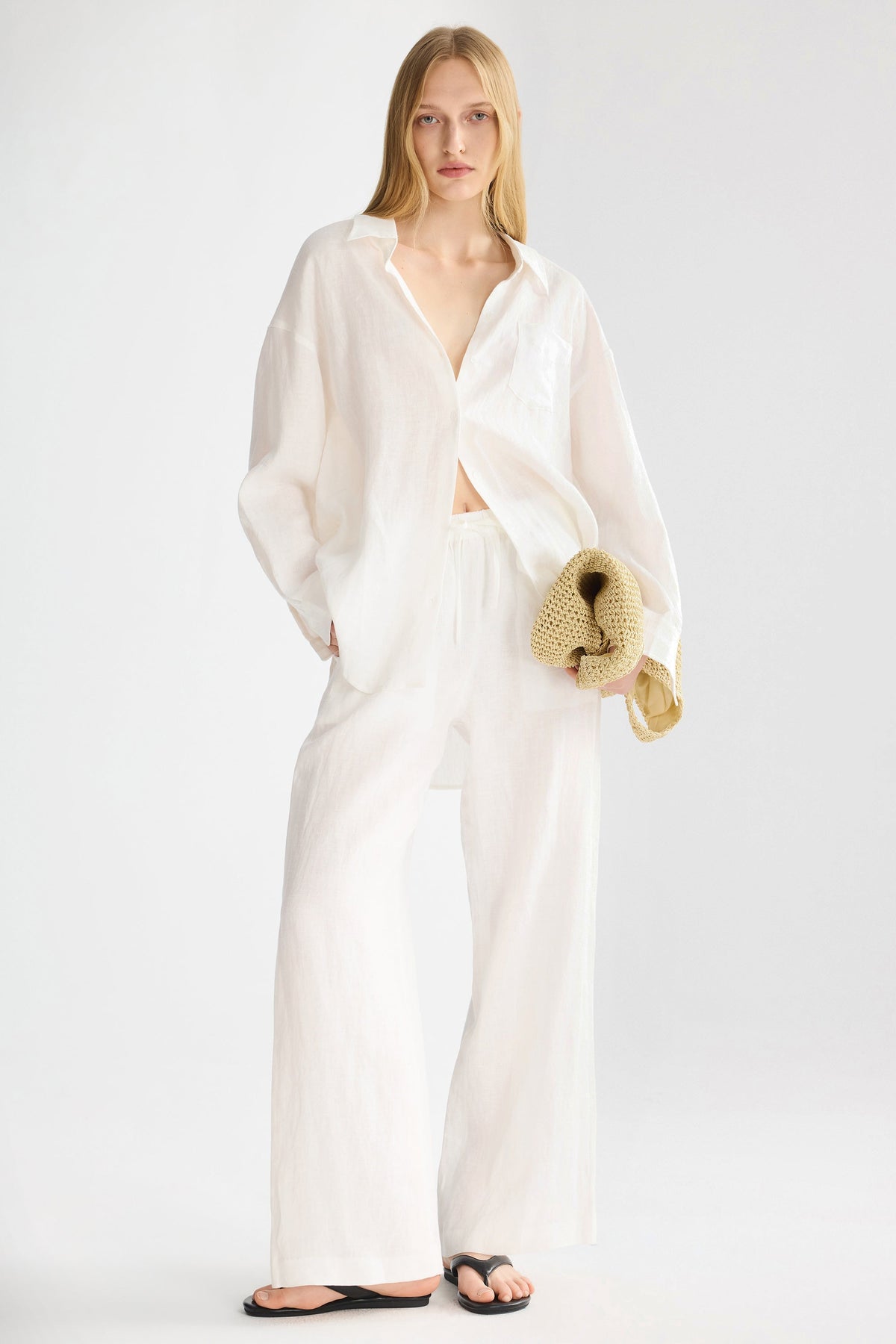 Oversized Linen Wide-Leg Drawstring Pants