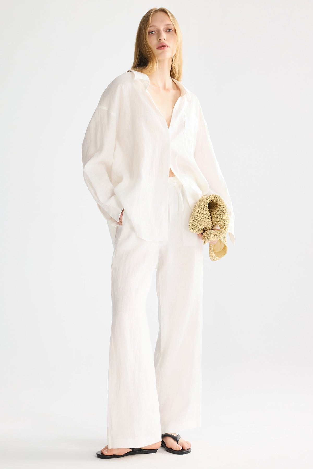 Oversized Linen Wide-Leg Drawstring Pants