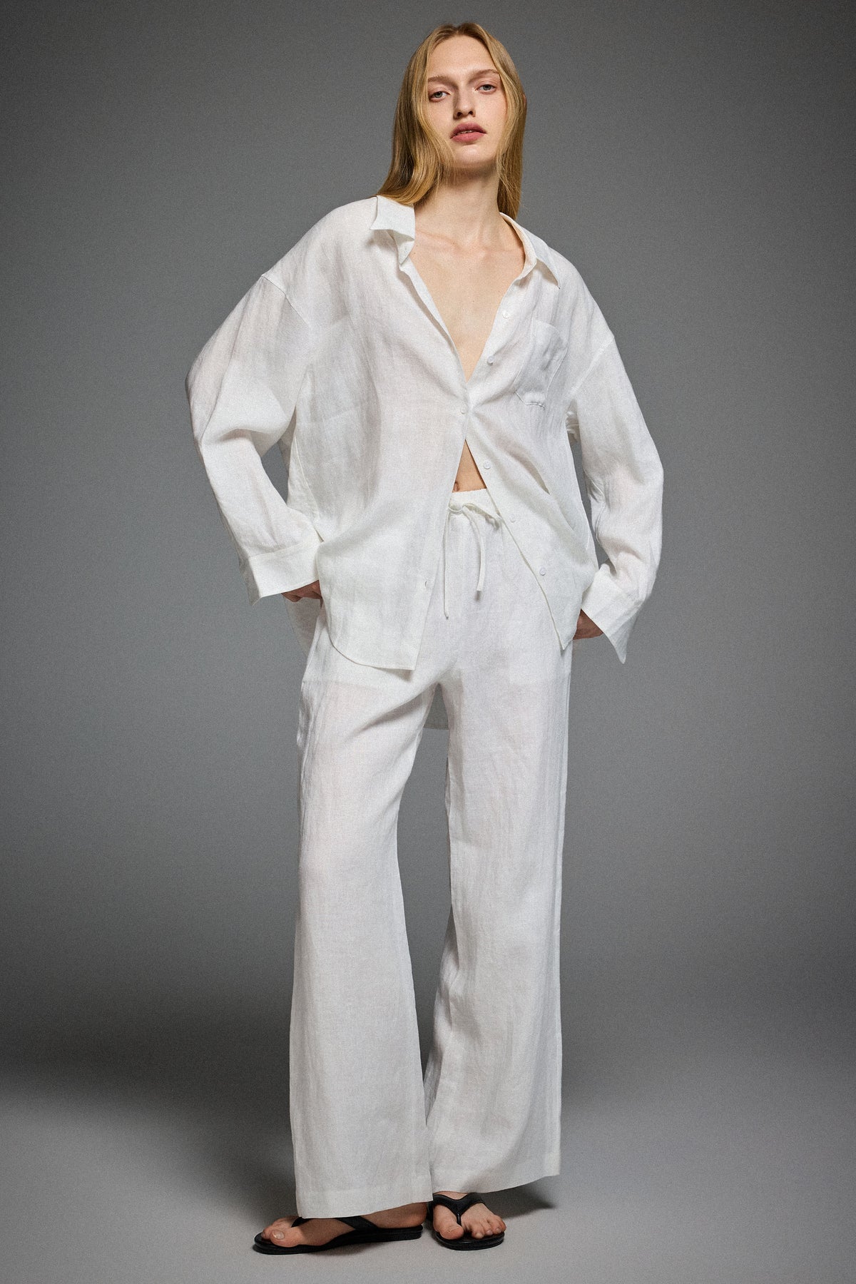 Oversized Linen Wide-Leg Drawstring Pants