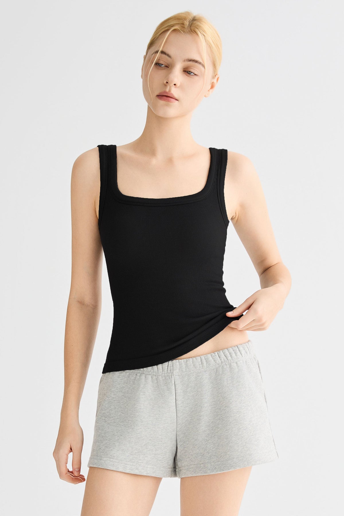 Padded Ribbed Wide-Strap Crew Tank
