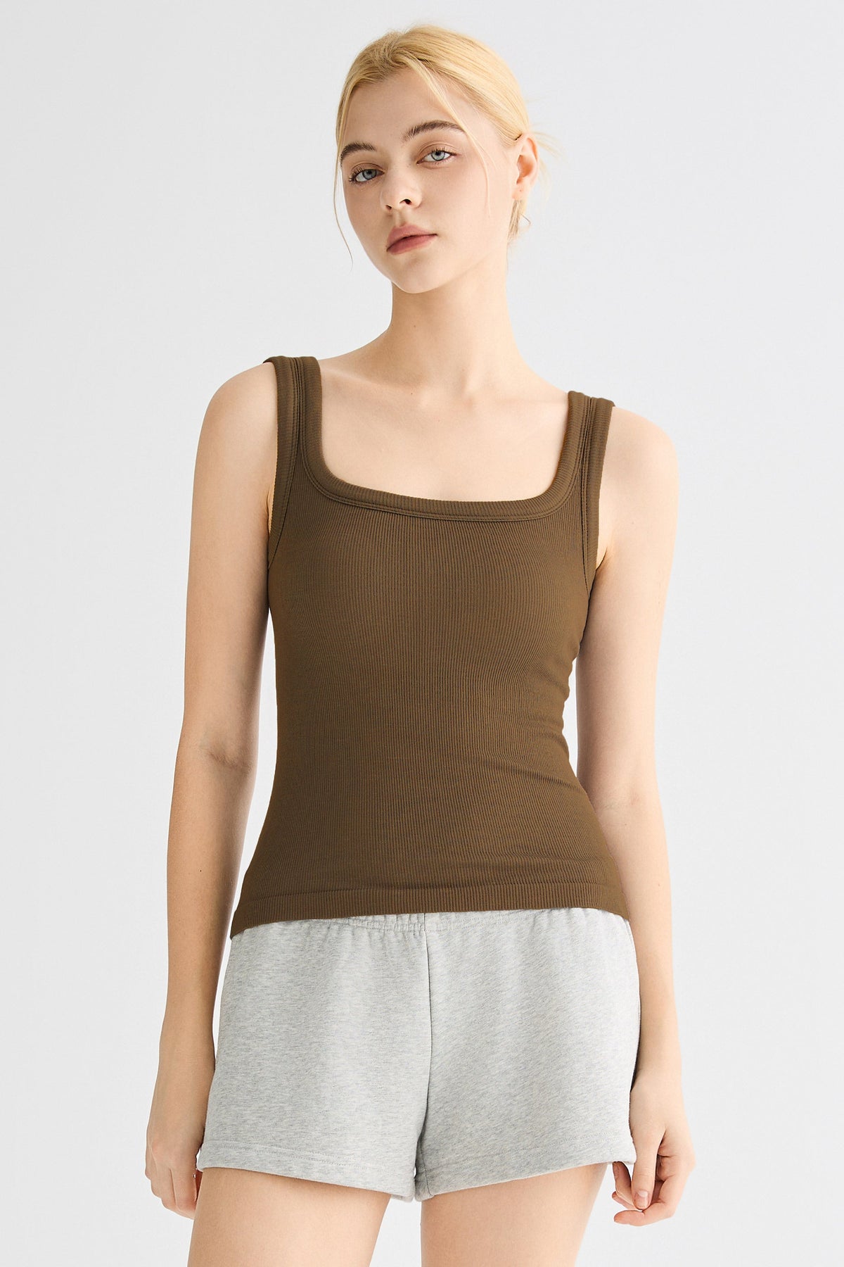 Padded Ribbed Wide-Strap Crew Tank