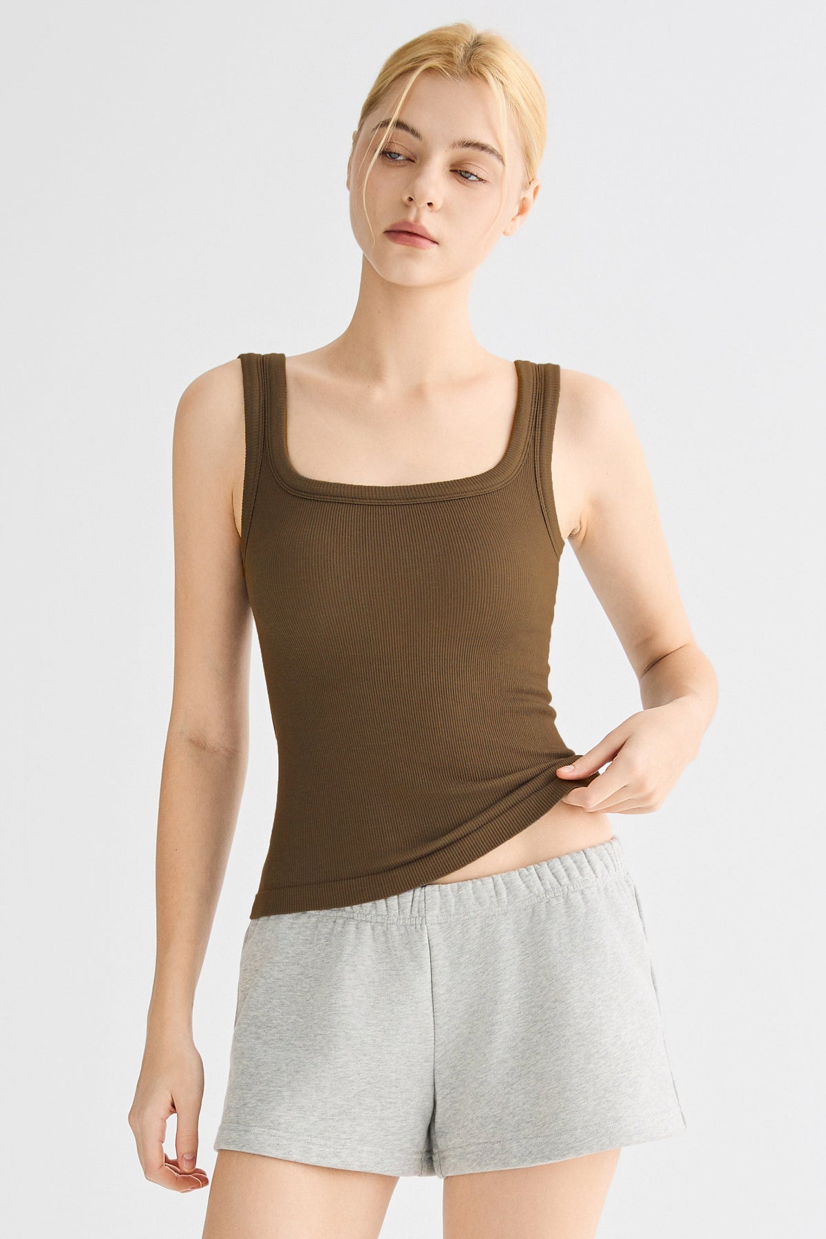 Padded Ribbed Wide-Strap Crew Tank